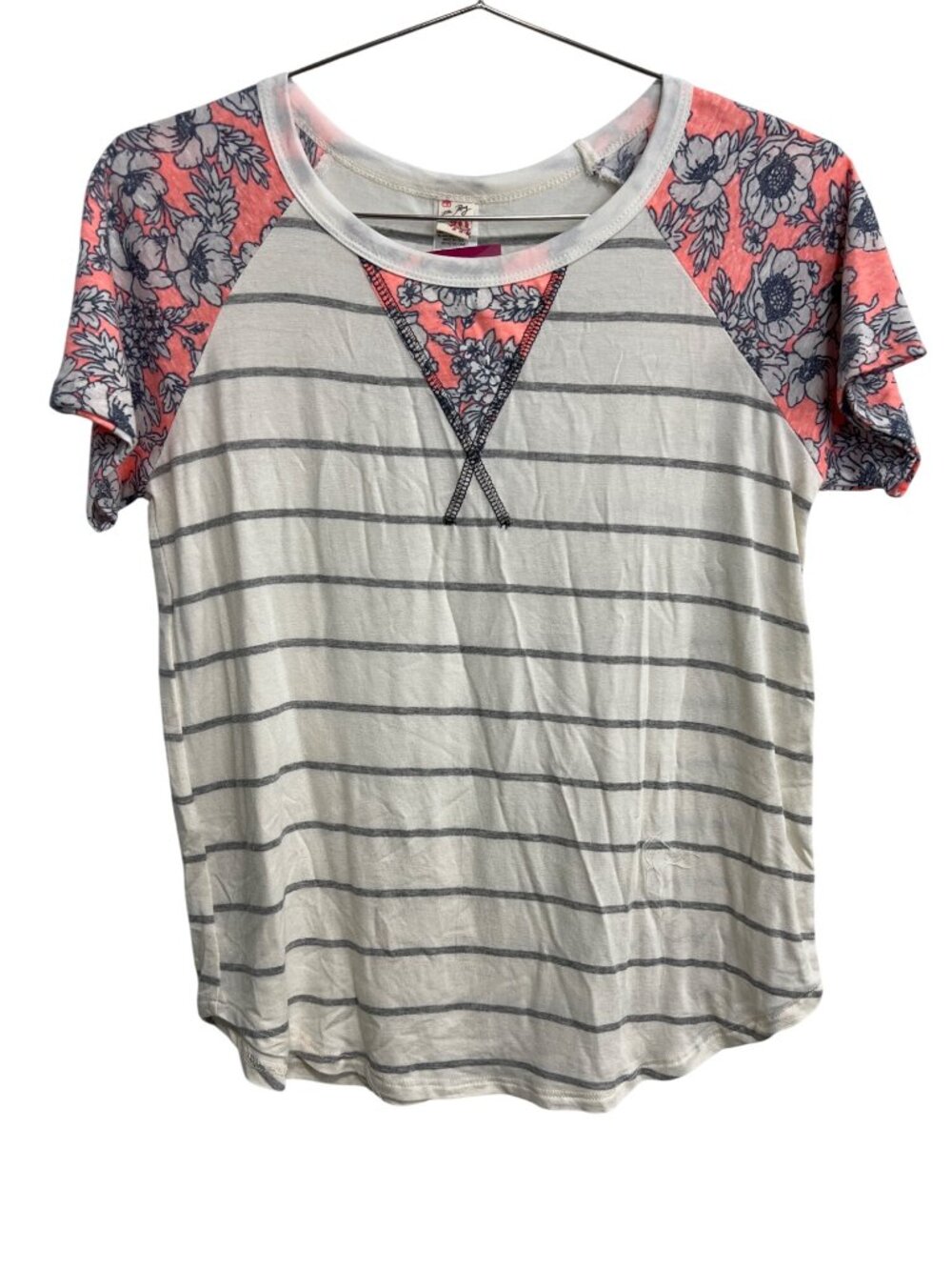 7th Ray Tee Small Striped Floral Raglan Sleeve T Shirt White Peach Summer NEW